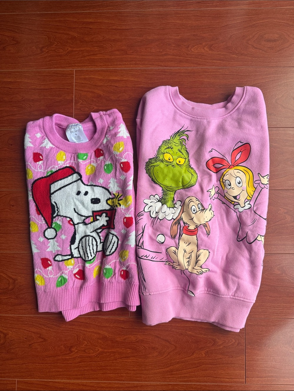 Pink Kids Christmas Sweater snd Sweatshirt with Snoopy & Grinch Designs